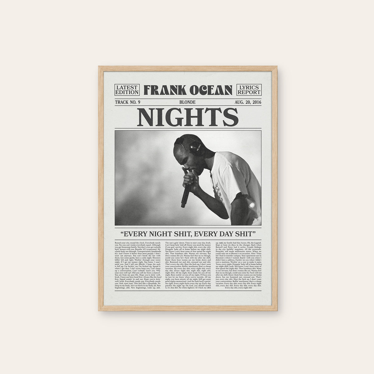 Frank Ocean Nights newspaper poster — natural wood frame