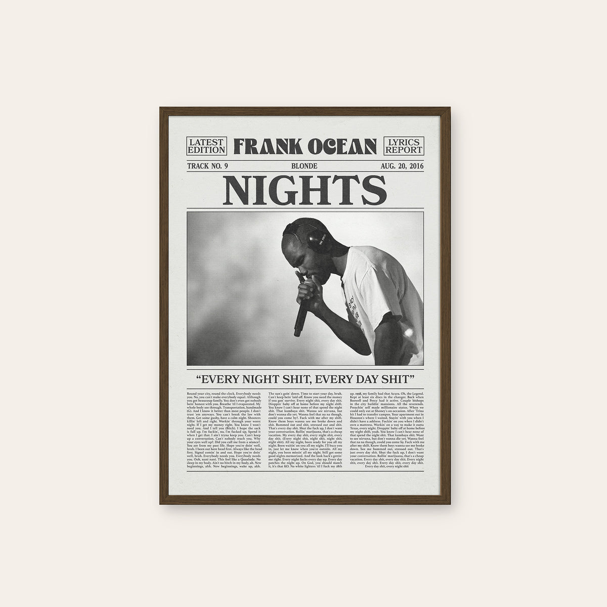 Frank Ocean Nights newspaper poster — dark wood frame