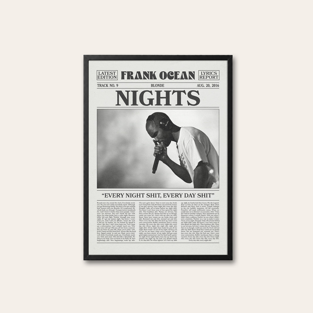 Frank Ocean Nights newspaper poster — black frame