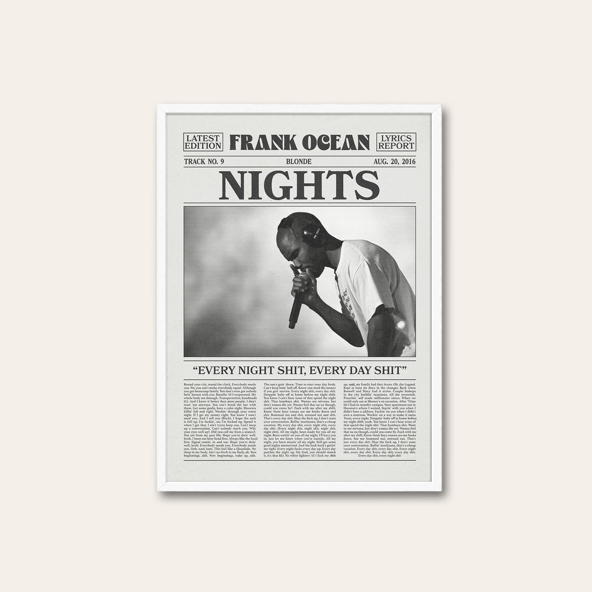 Frank Ocean Nights newspaper poster — white frame
