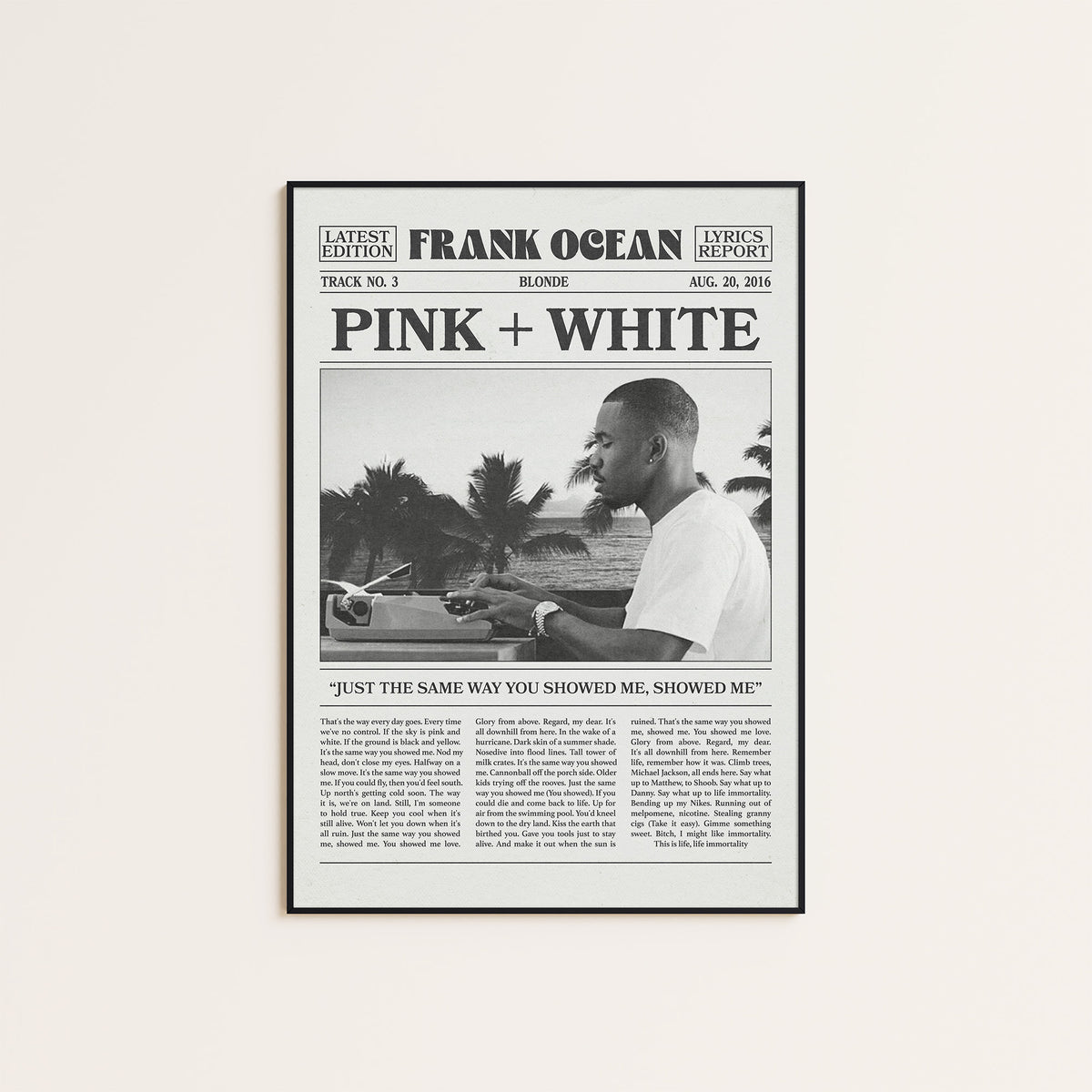 Frank Ocean Pink + White Palm Tree Portrait newspaper poster — black frame display