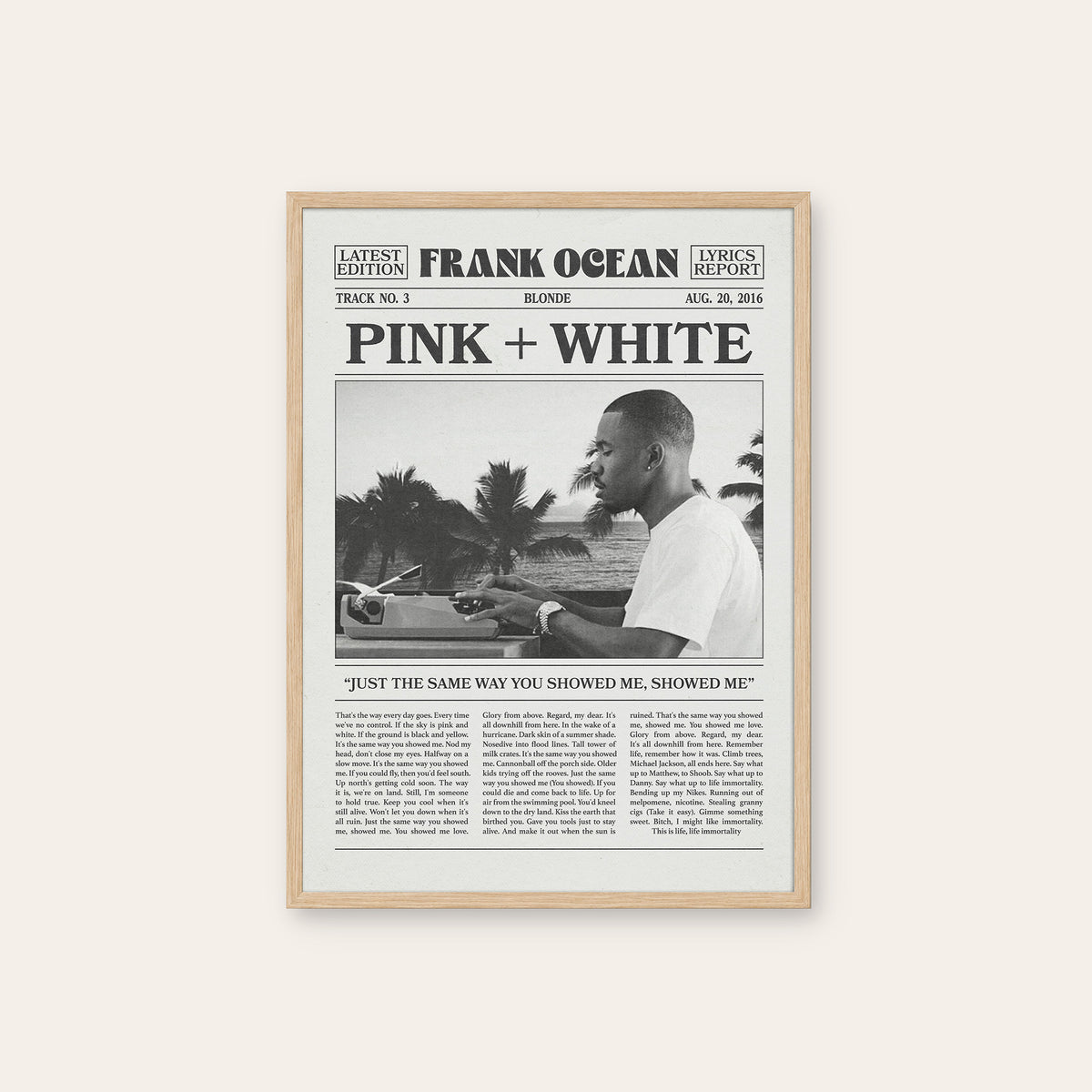 Frank Ocean Pink + White Palm Tree Portrait newspaper poster — natural wood frame