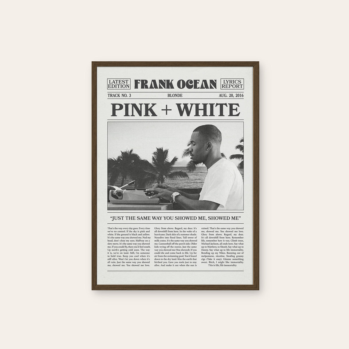 Frank Ocean Pink + White Palm Tree Portrait newspaper poster — dark wood frame