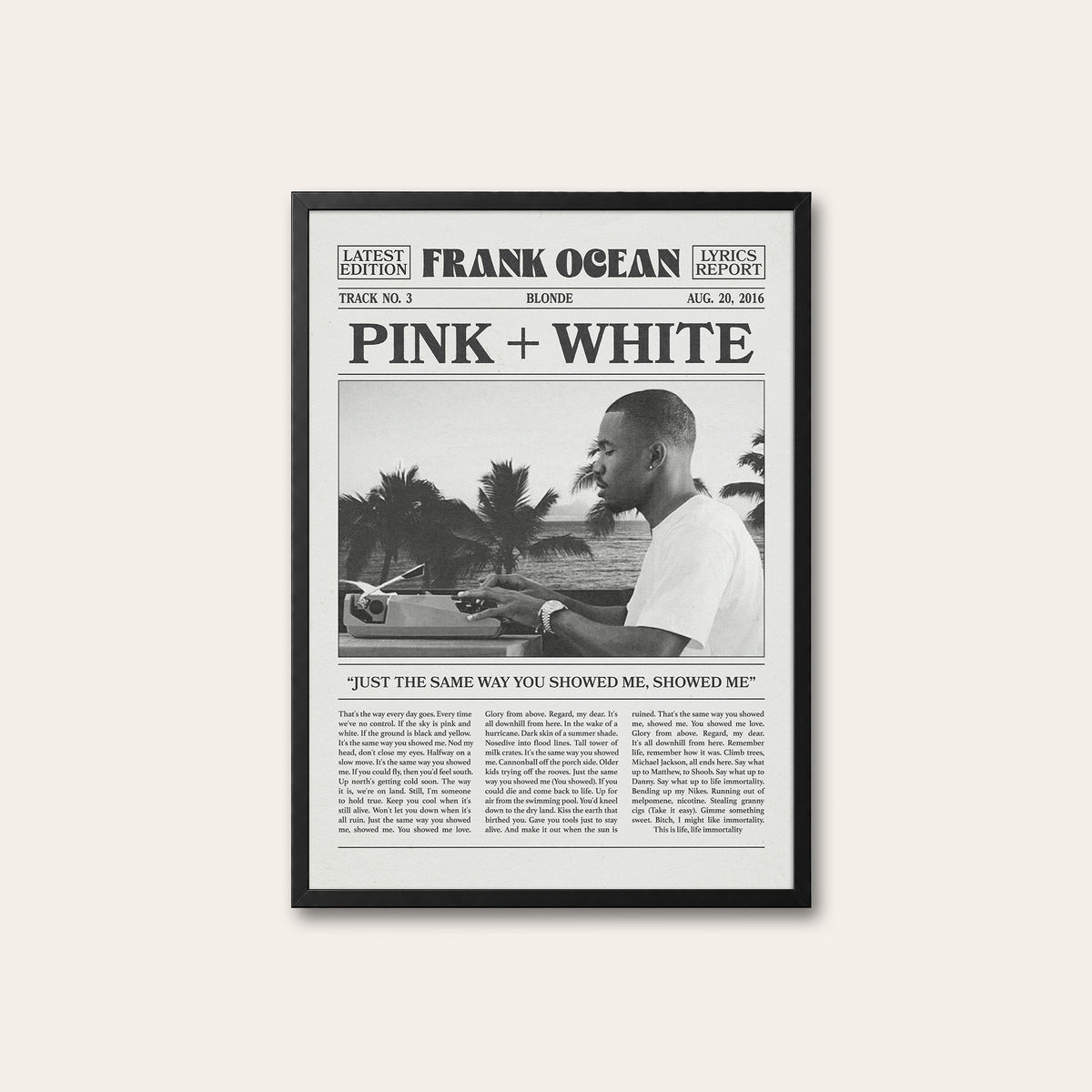 Frank Ocean Pink + White Palm Tree Portrait newspaper poster — black frame