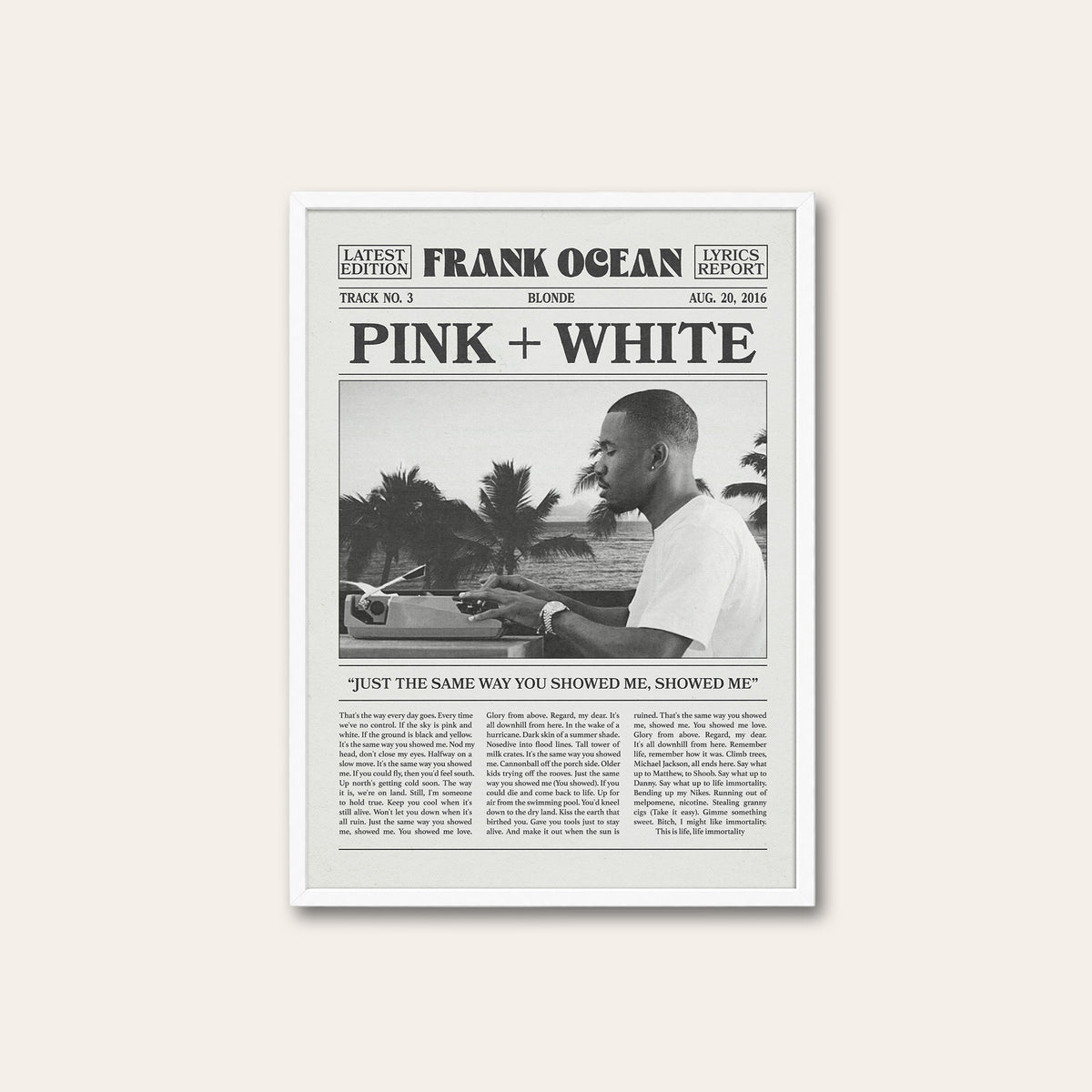 Frank Ocean Pink + White Palm Tree Portrait newspaper poster — white frame