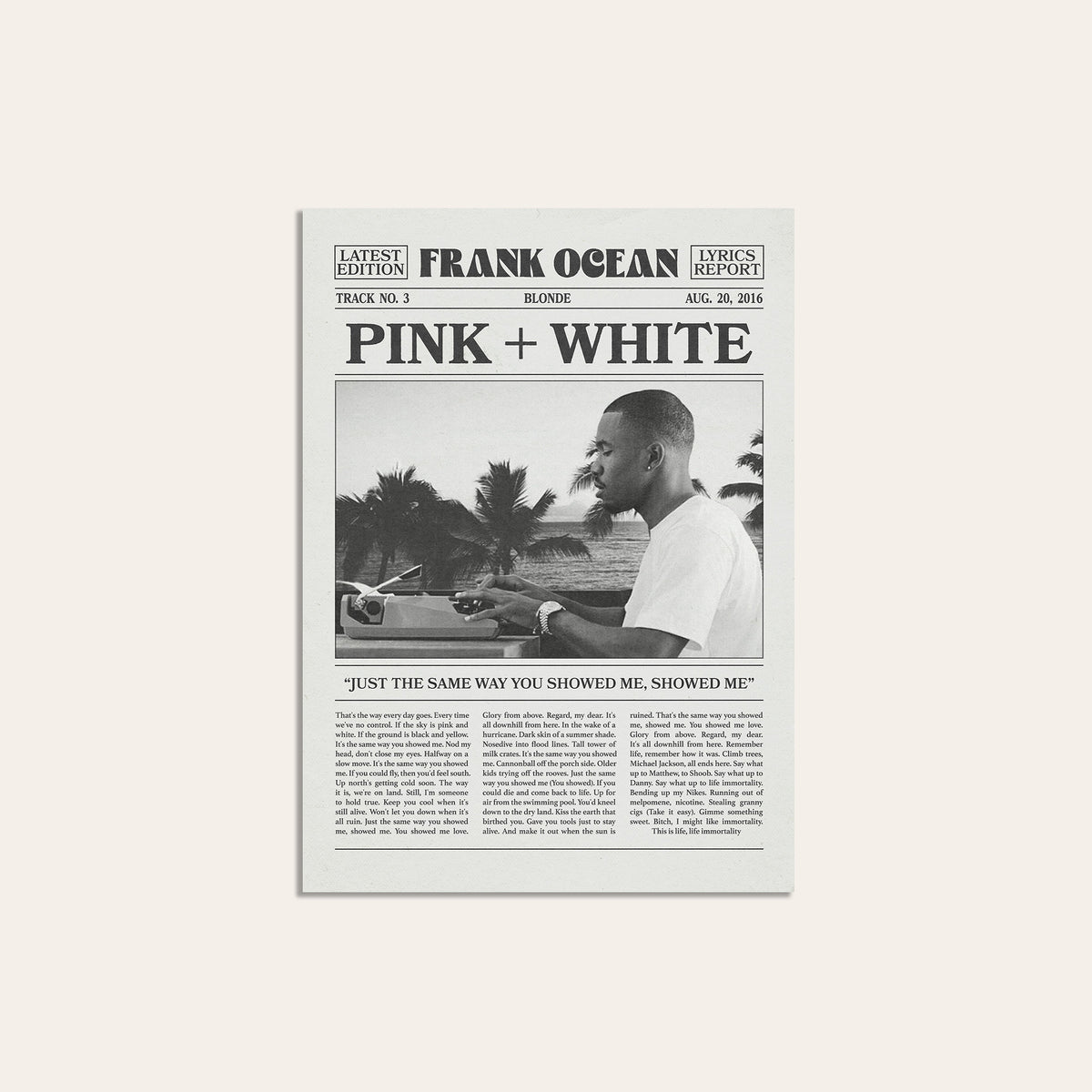 Frank Ocean Pink + White Palm Tree Portrait newspaper poster — unframed print