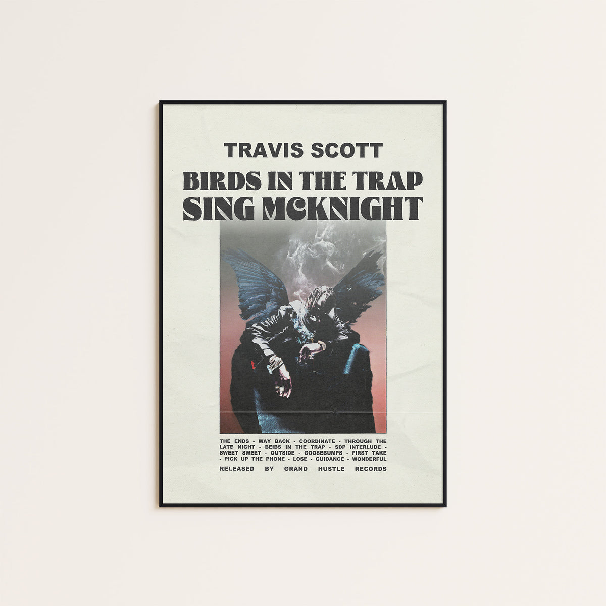 Travis Scott Birds in the Trap newspaper poster — black frame display