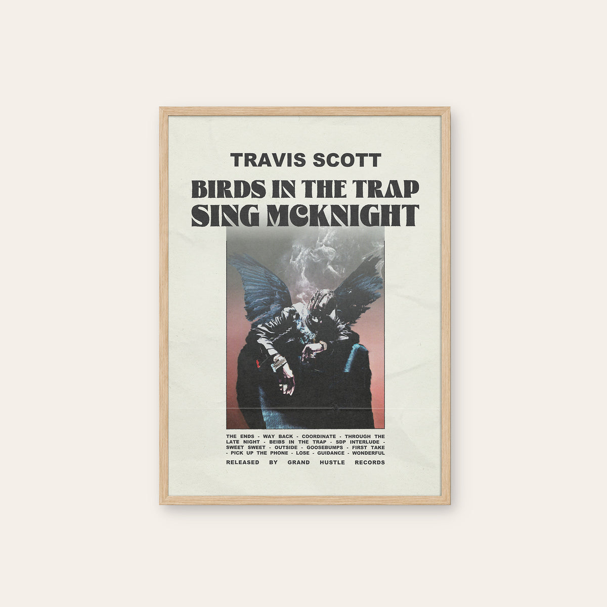 Travis Scott Birds in the Trap newspaper poster — natural wood frame