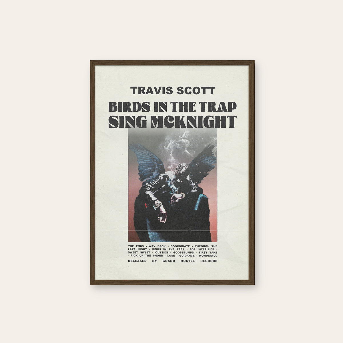 Travis Scott Birds in the Trap newspaper poster — dark wood frame