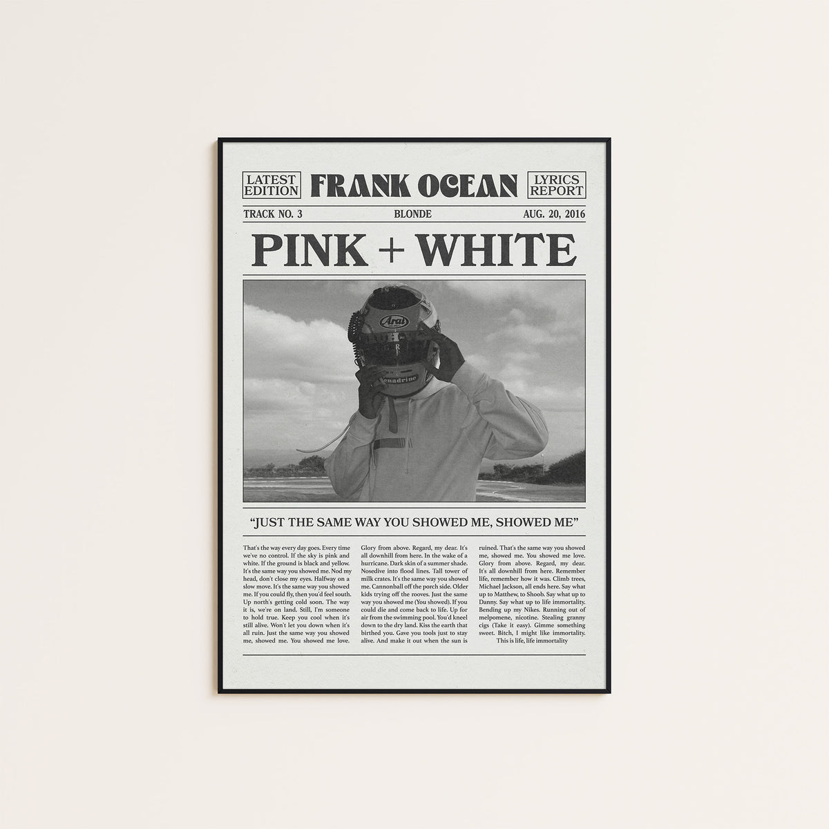 Frank Ocean Pink + White Racing Helmet Portrait newspaper poster — black frame display