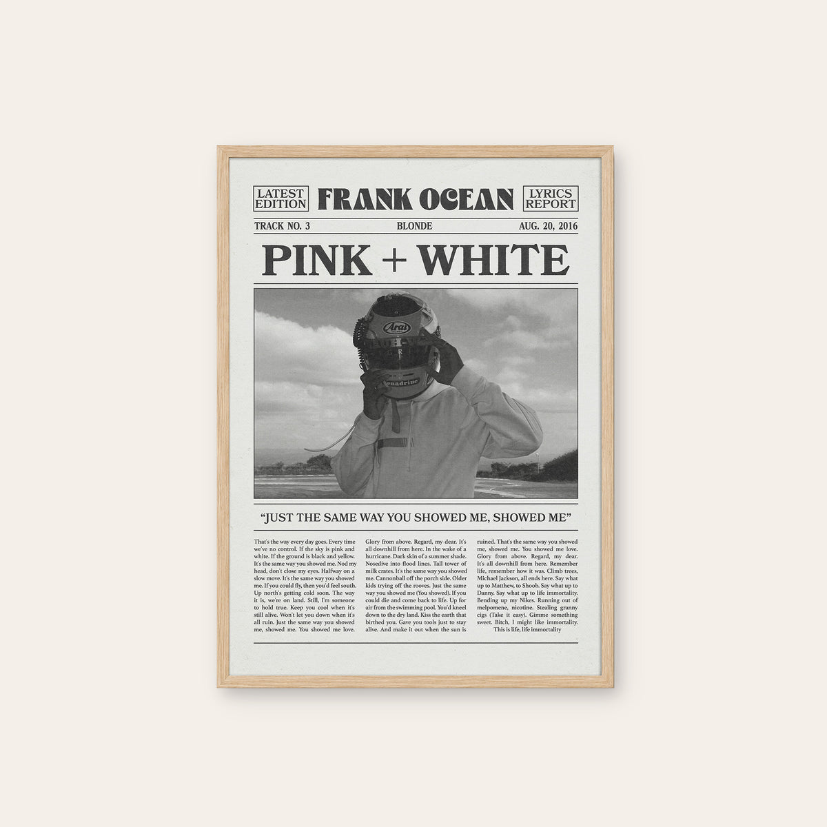Frank Ocean Pink + White Racing Helmet Portrait newspaper poster — natural wood frame
