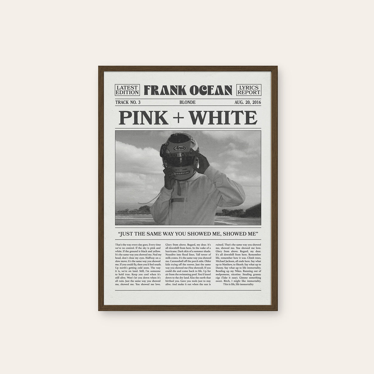 Frank Ocean Pink + White Racing Helmet Portrait newspaper poster — dark wood frame