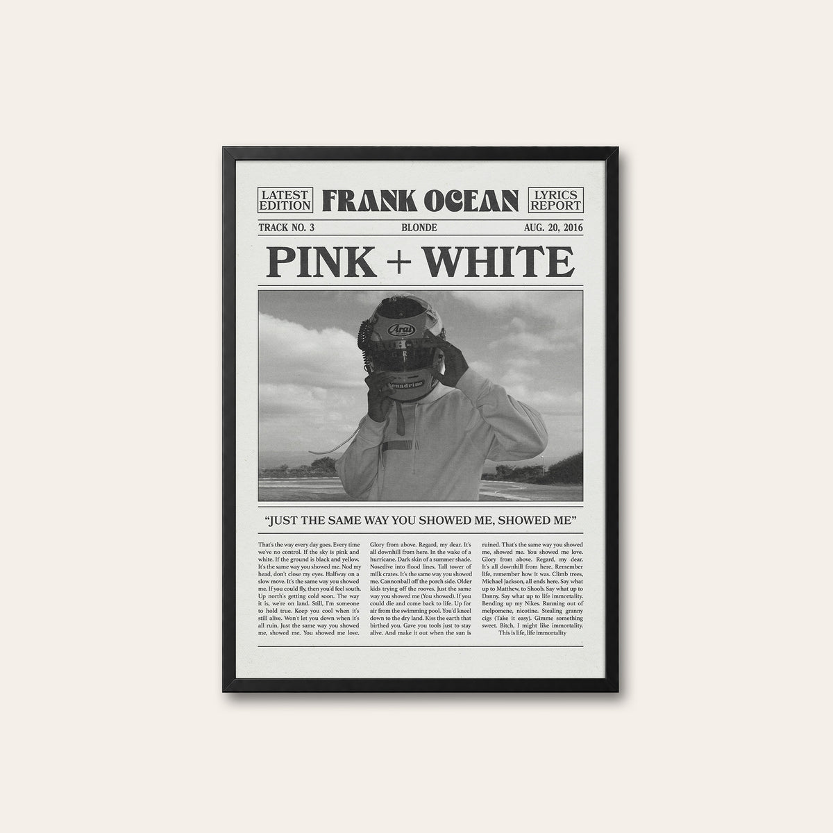 Frank Ocean Pink + White Racing Helmet Portrait newspaper poster — black frame