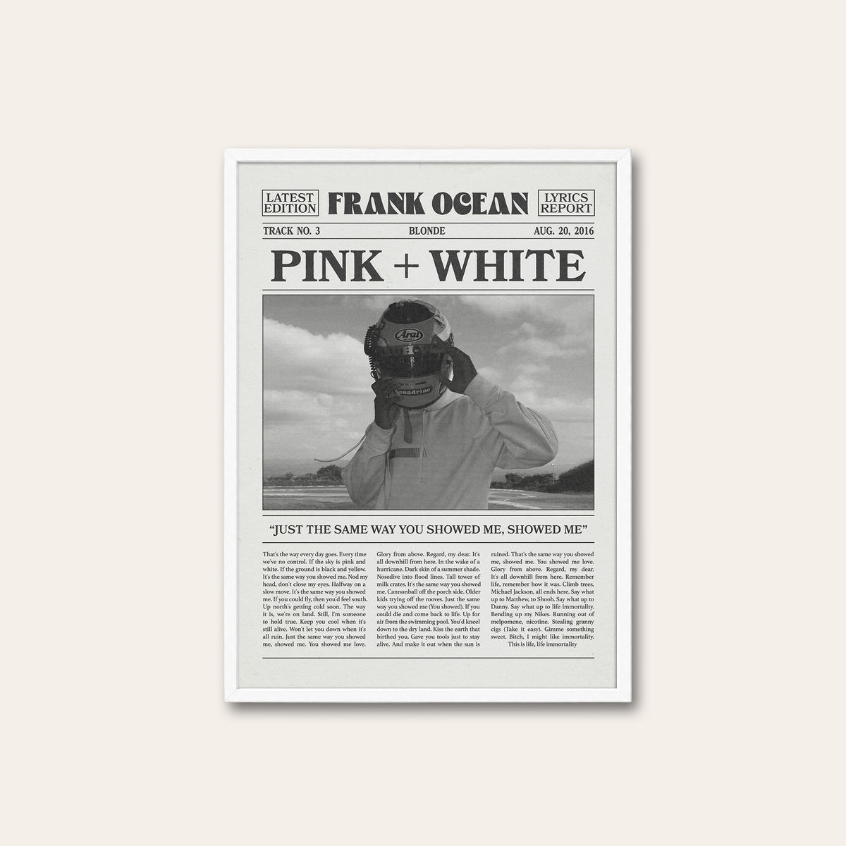 Frank Ocean Pink + White Racing Helmet Portrait newspaper poster — white frame