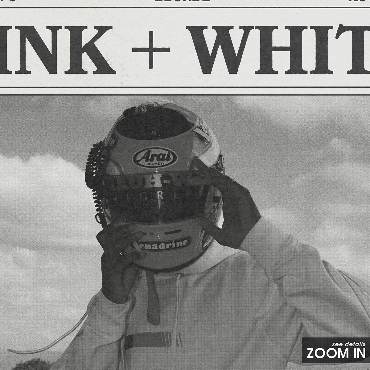 Frank Ocean Pink + White Racing Helmet Portrait newspaper poster — close-up detail