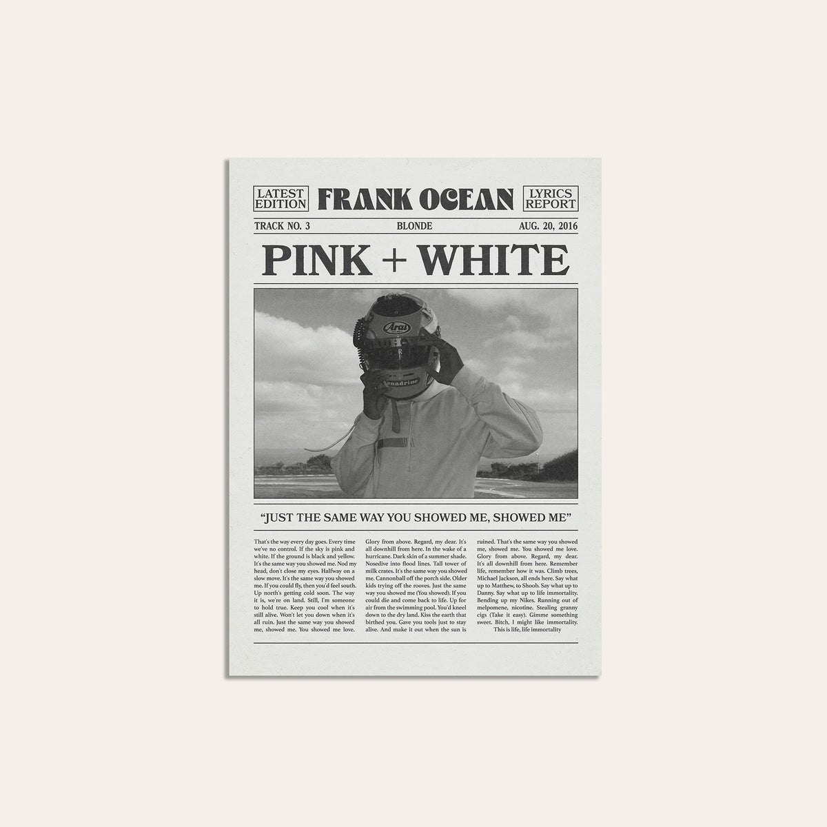 Frank Ocean Pink + White Racing Helmet Portrait newspaper poster — unframed print