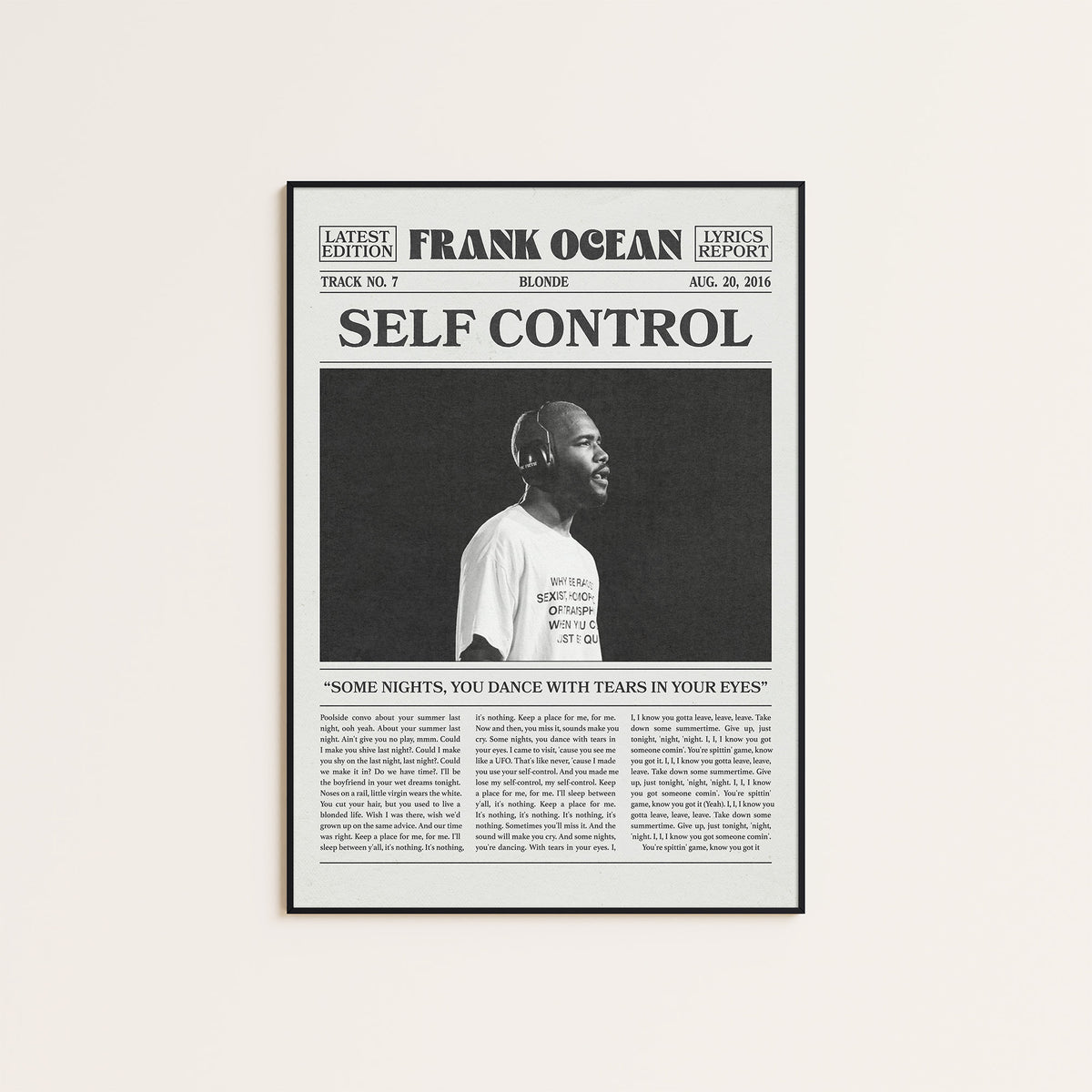 Frank Ocean Self Control newspaper poster — black frame display