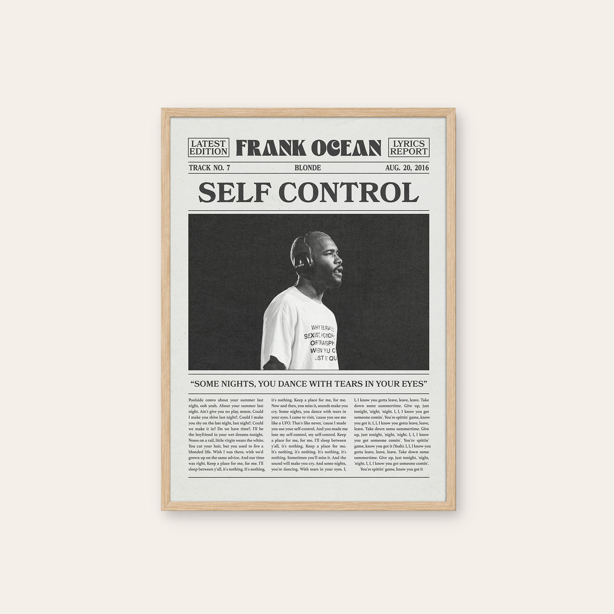 Frank Ocean Self Control newspaper poster — natural wood frame