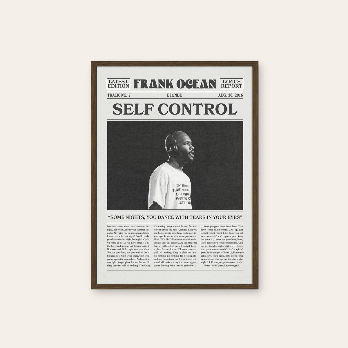 Frank Ocean Self Control newspaper poster — dark wood frame