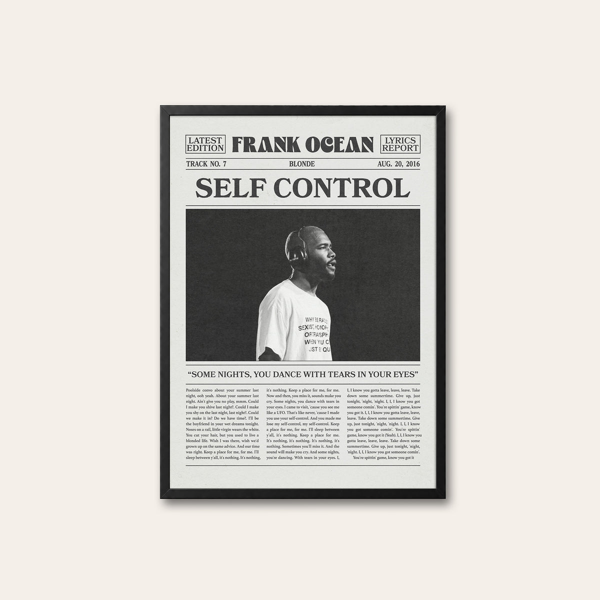 Frank Ocean Self Control newspaper poster — black frame