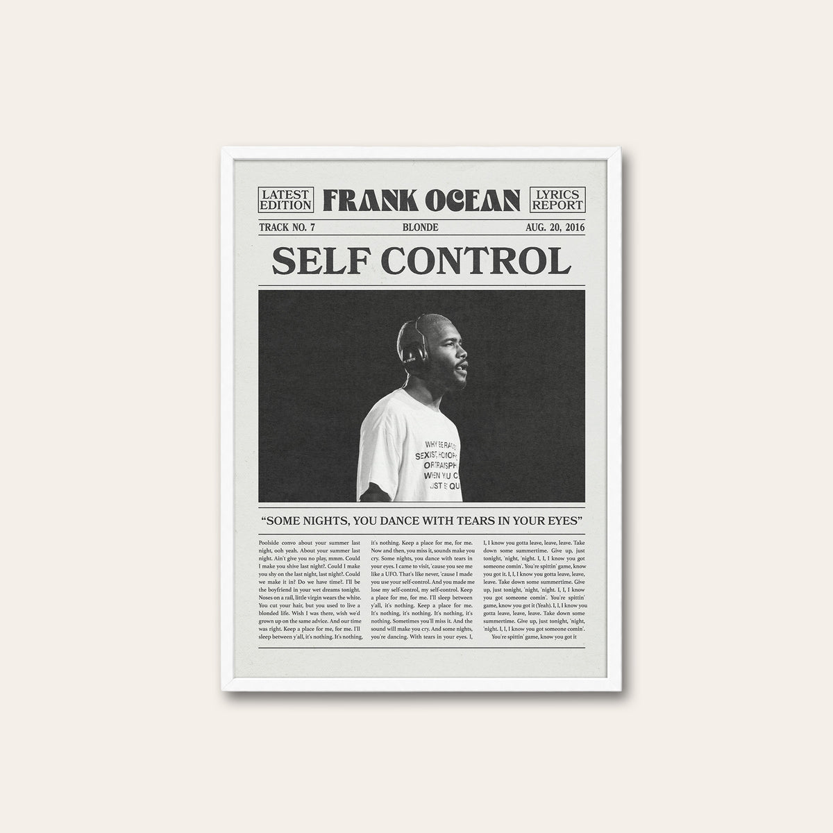 Frank Ocean Self Control newspaper poster — white frame