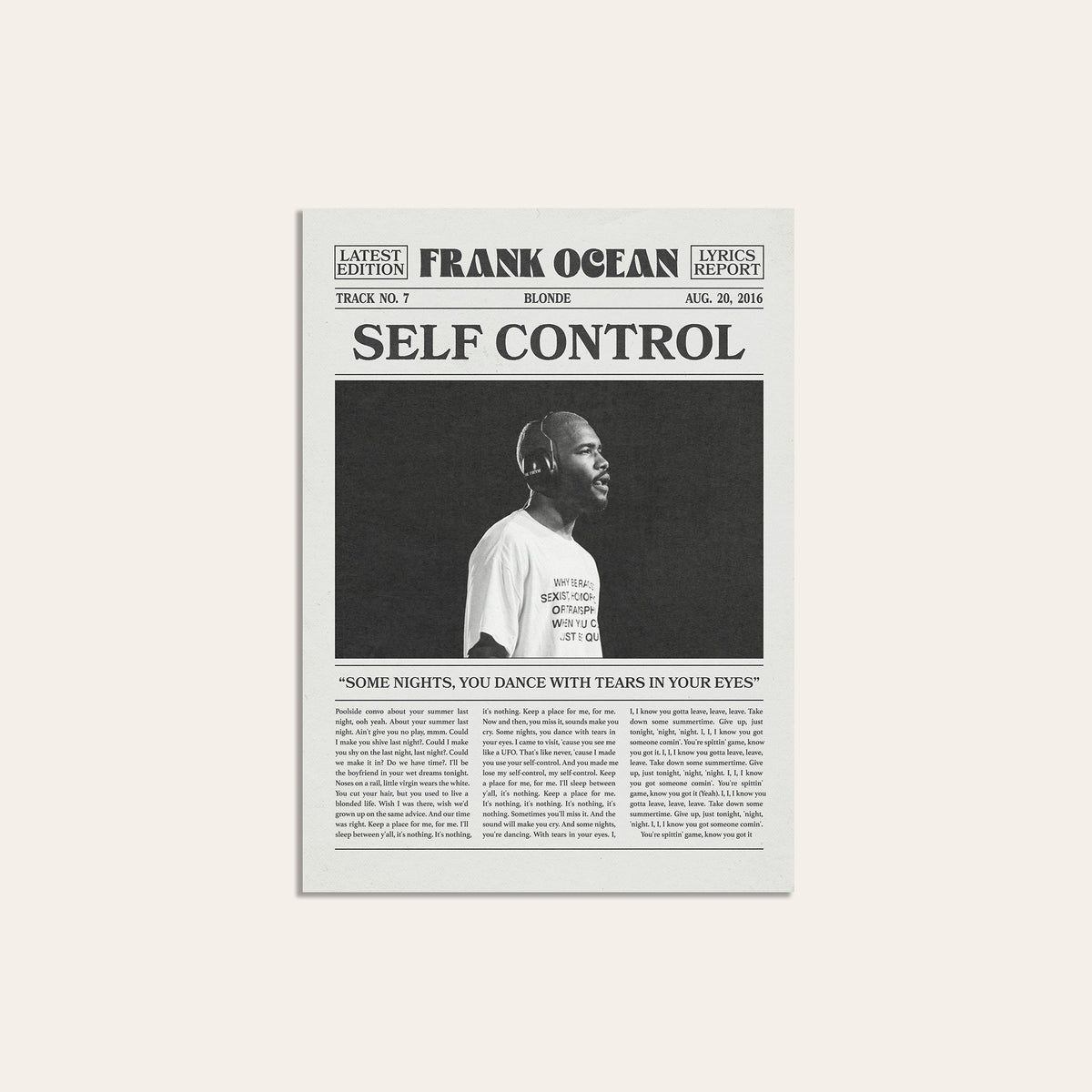 Frank Ocean Self Control newspaper poster — unframed print