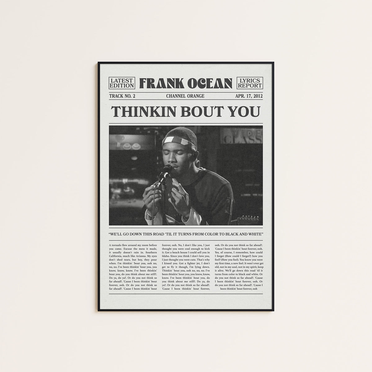 Frank Ocean Thinkin Bout You newspaper poster — black frame display