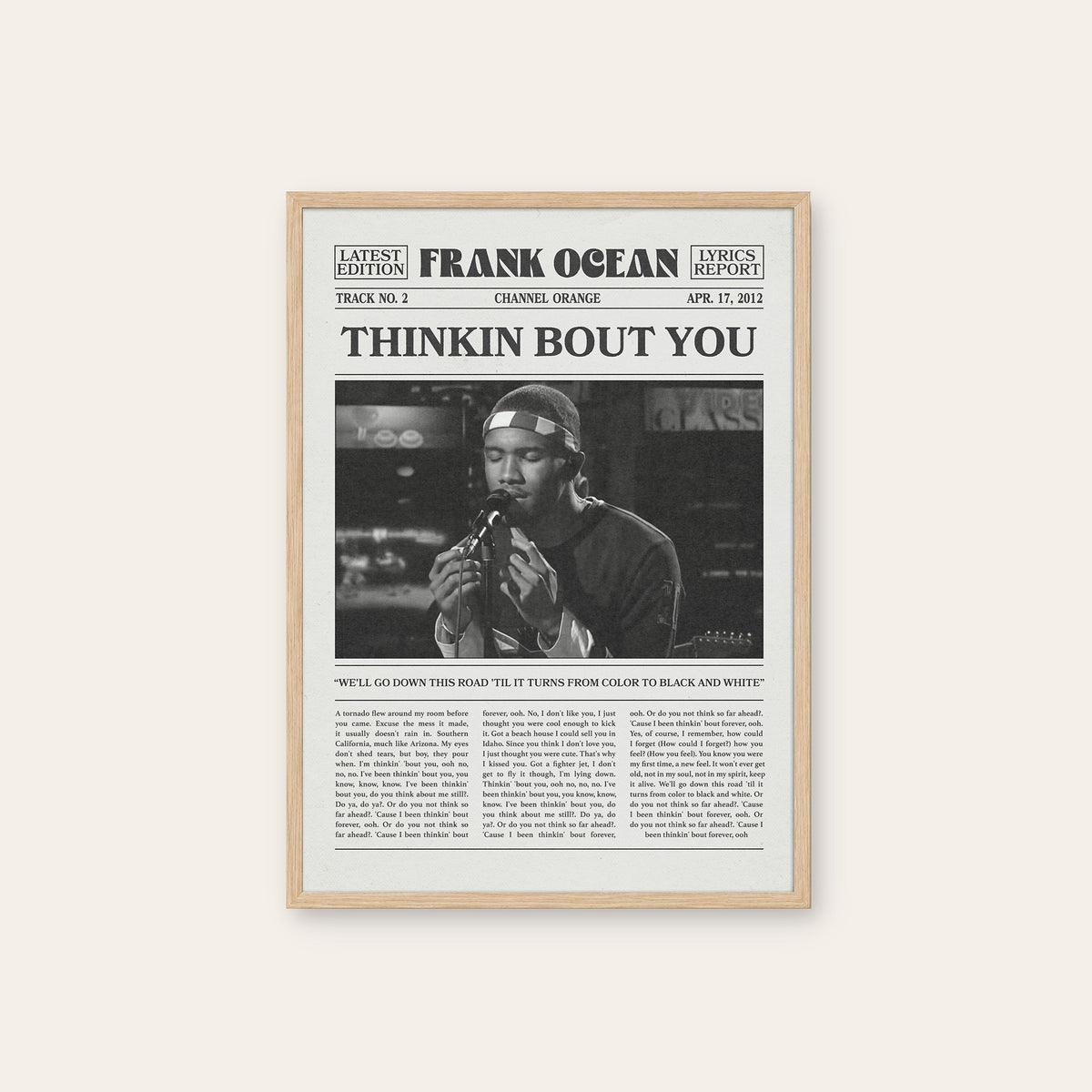 Frank Ocean Thinkin Bout You newspaper poster — natural wood frame