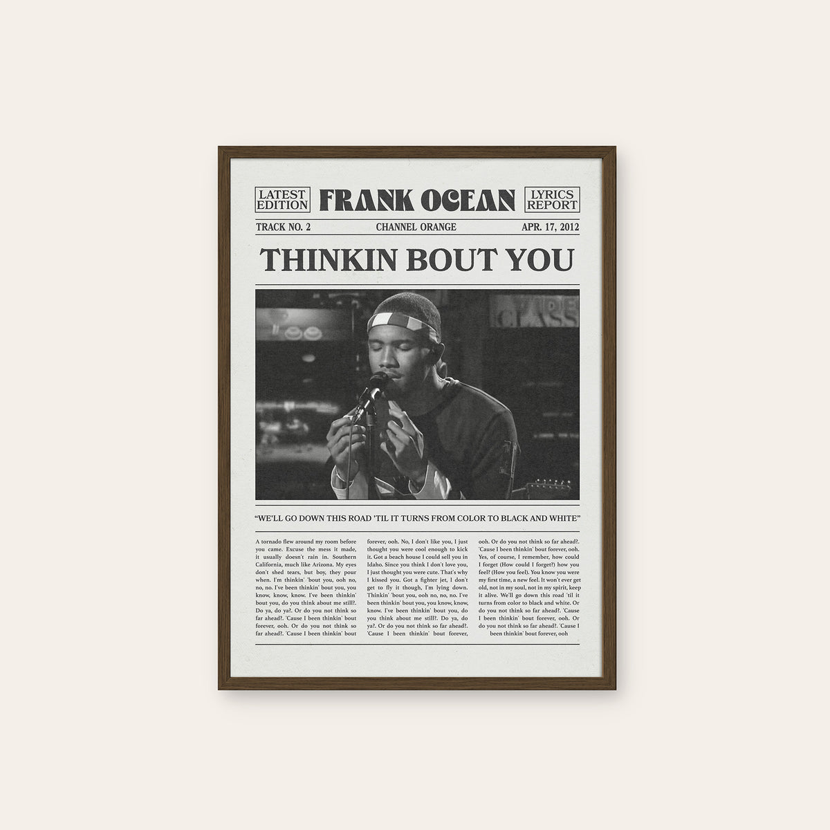 Frank Ocean Thinkin Bout You newspaper poster — dark wood frame
