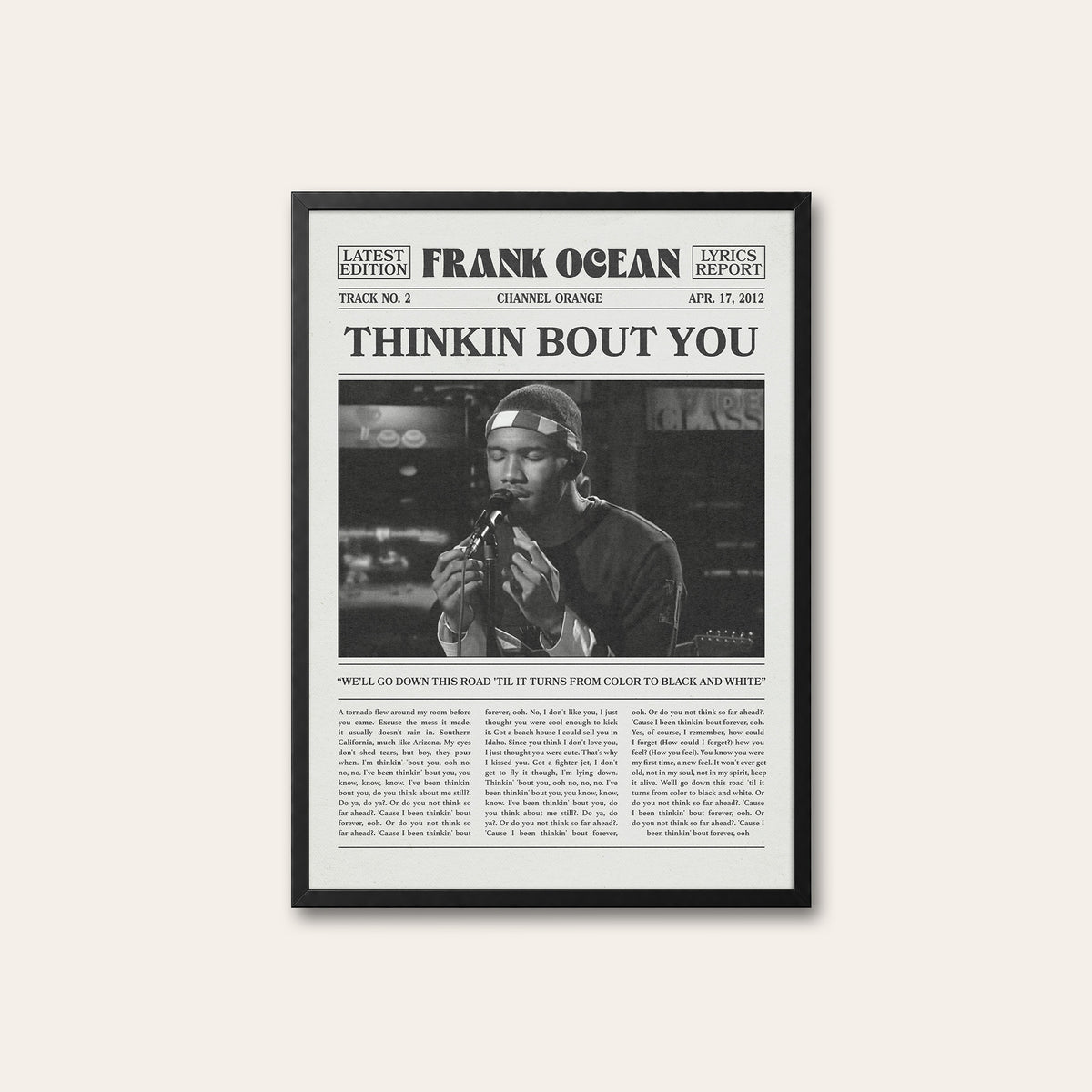 Frank Ocean Thinkin Bout You newspaper poster — black frame