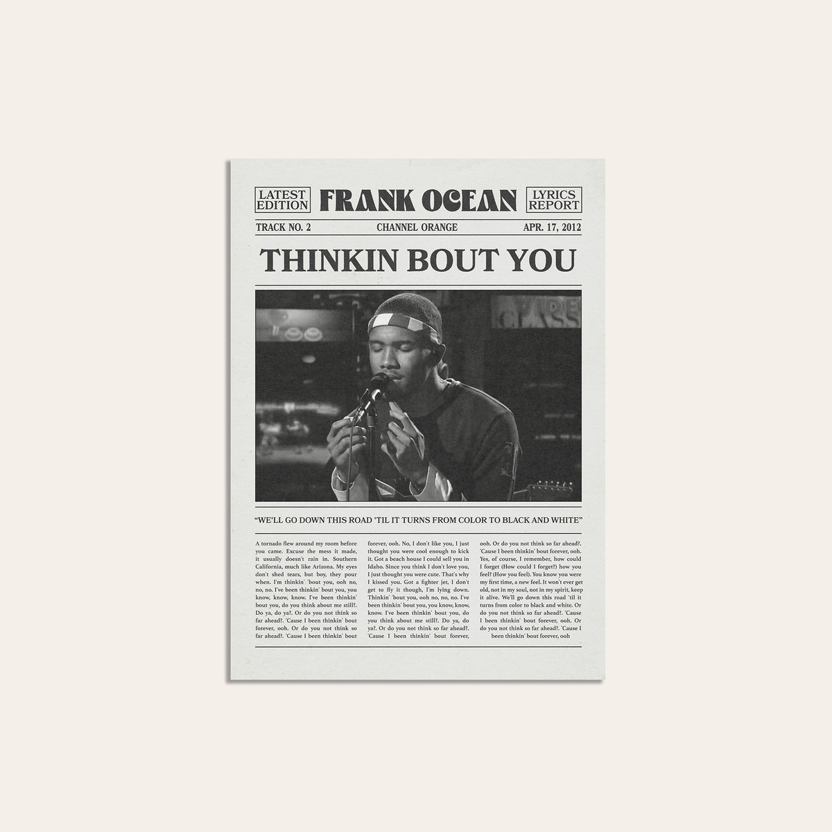 Frank Ocean Thinkin Bout You newspaper poster — unframed print
