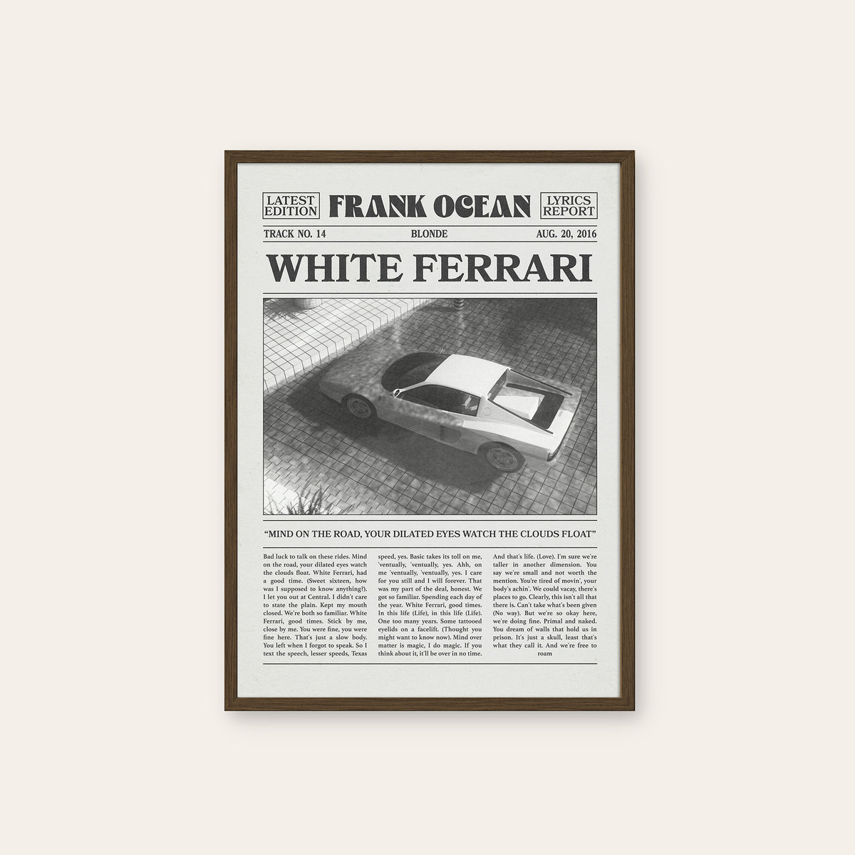 Frank Ocean White Ferrari Overhead Car Edition newspaper poster — dark wood frame