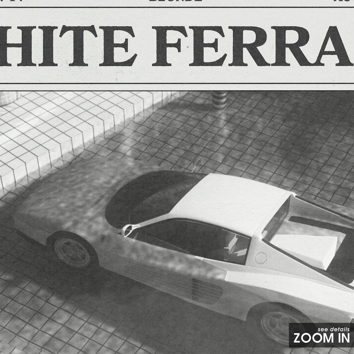 Frank Ocean White Ferrari Overhead Car Edition newspaper poster — close-up detail