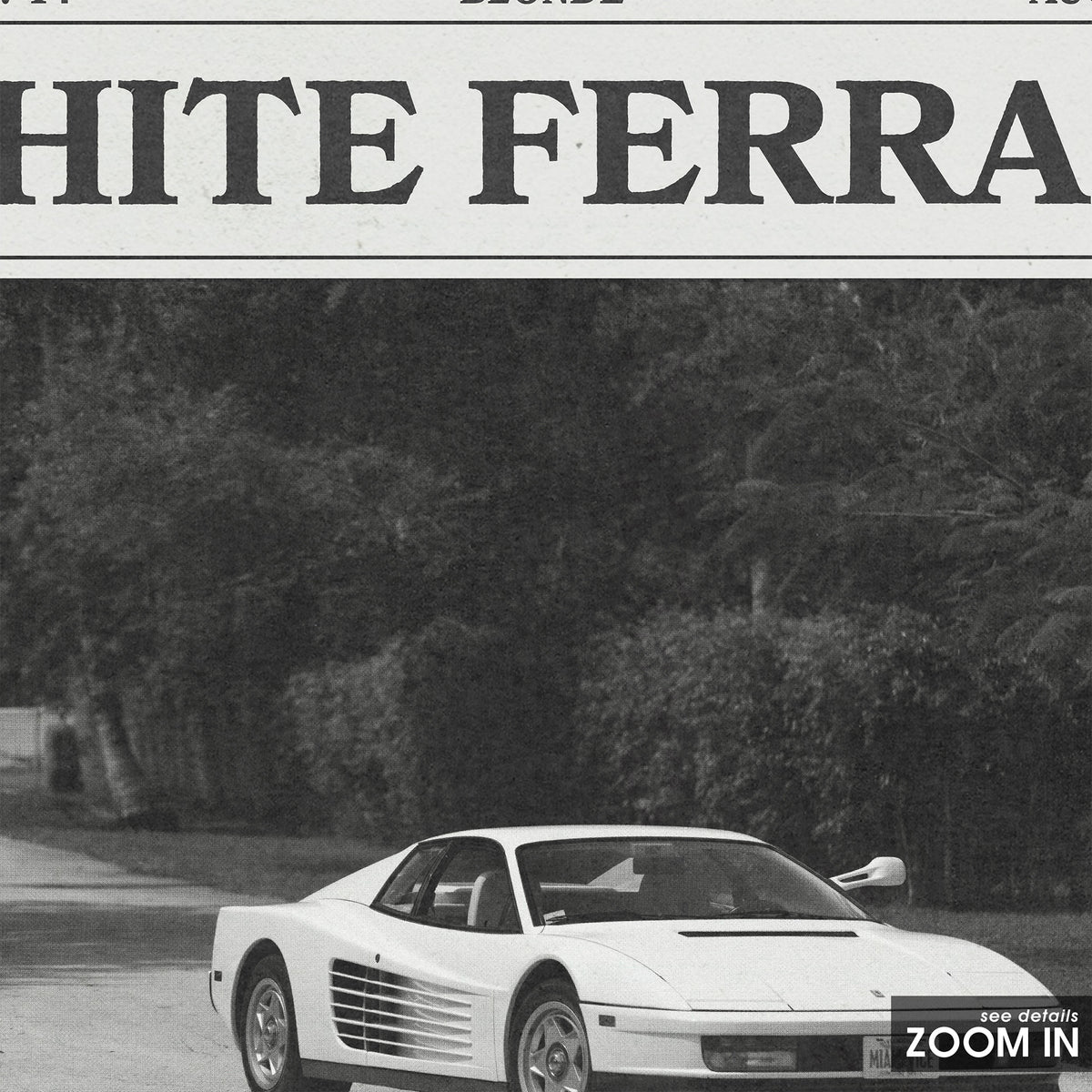 Frank Ocean White Ferrari Roadside Car Edition newspaper poster — close-up detail
