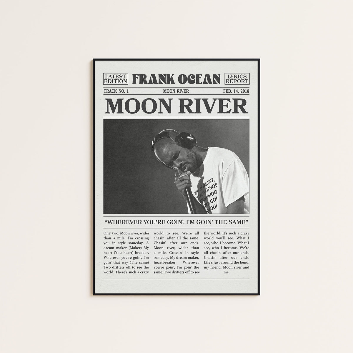 Frank Ocean Moon River newspaper poster — black frame display
