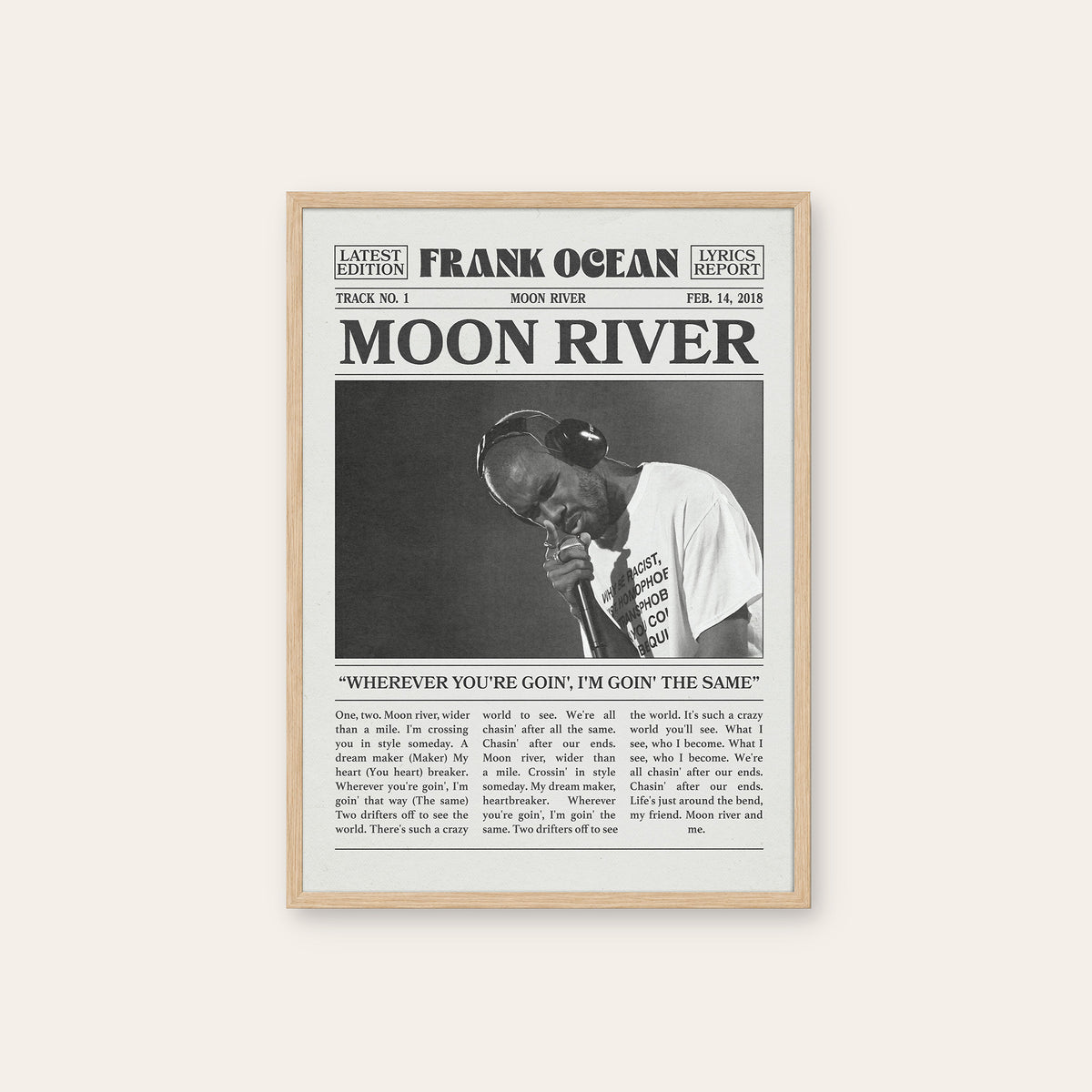 Frank Ocean Moon River newspaper poster — natural wood frame