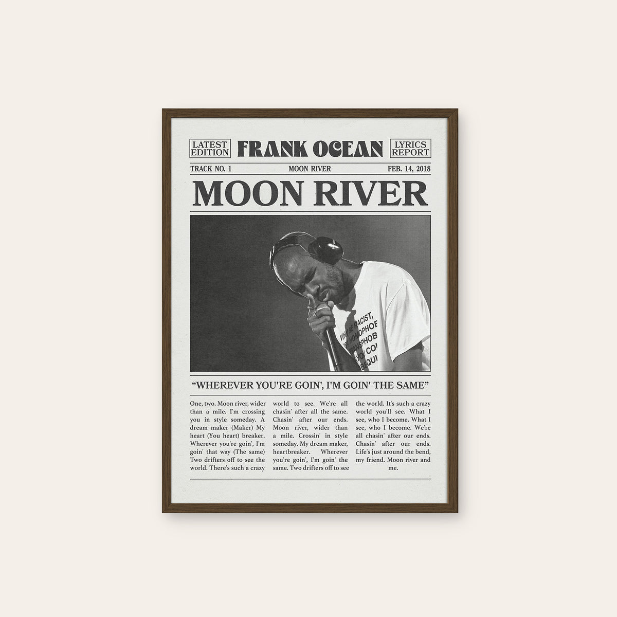 Frank Ocean Moon River newspaper poster — dark wood frame