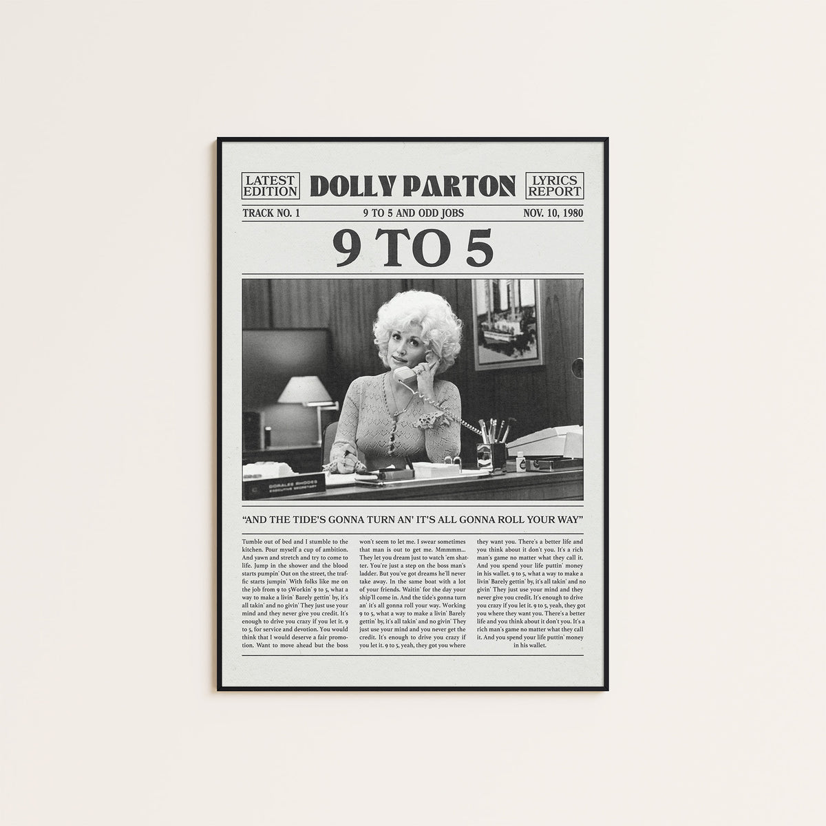Dolly Parton 9 to 5 newspaper poster — black frame display