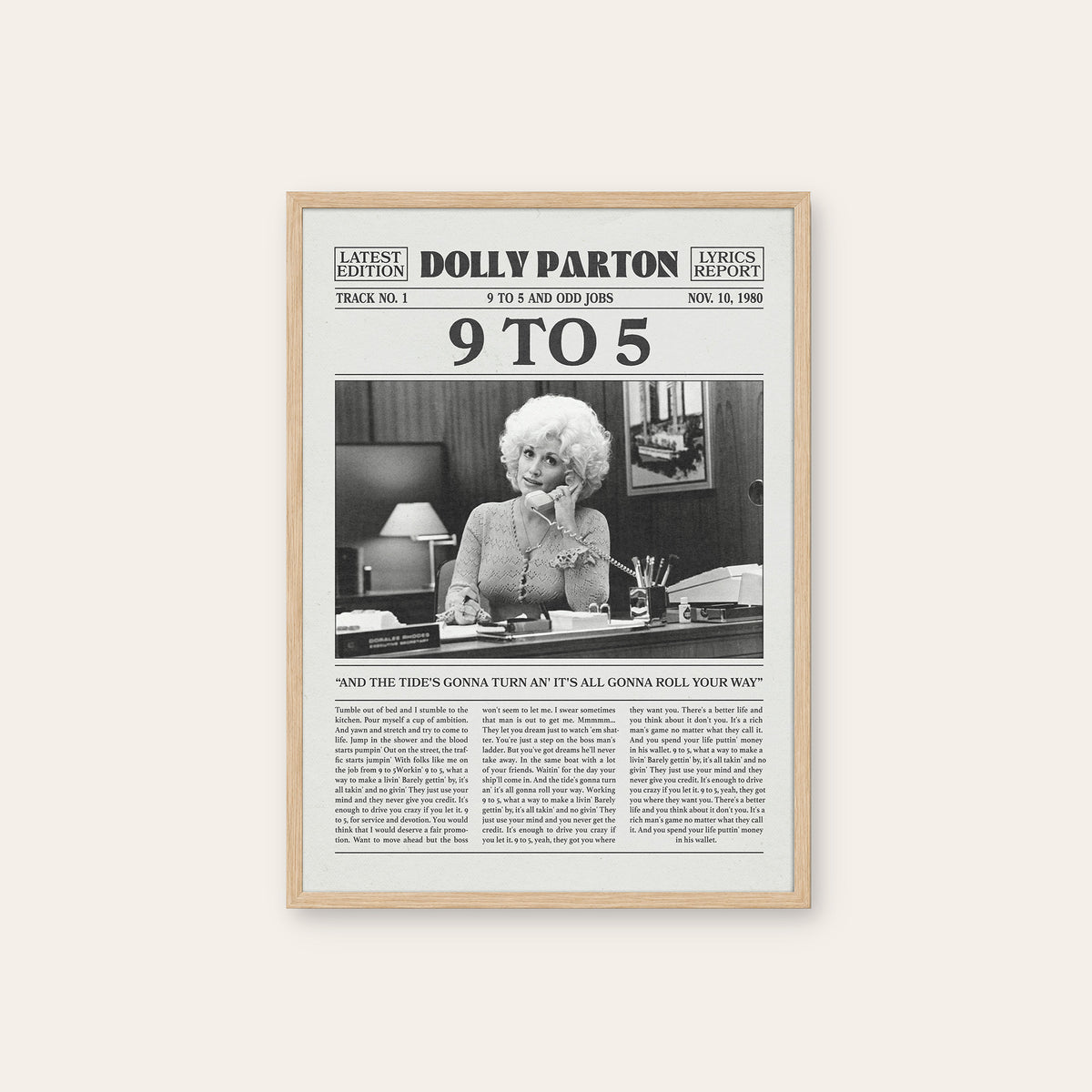 Dolly Parton 9 to 5 newspaper poster — natural wood frame