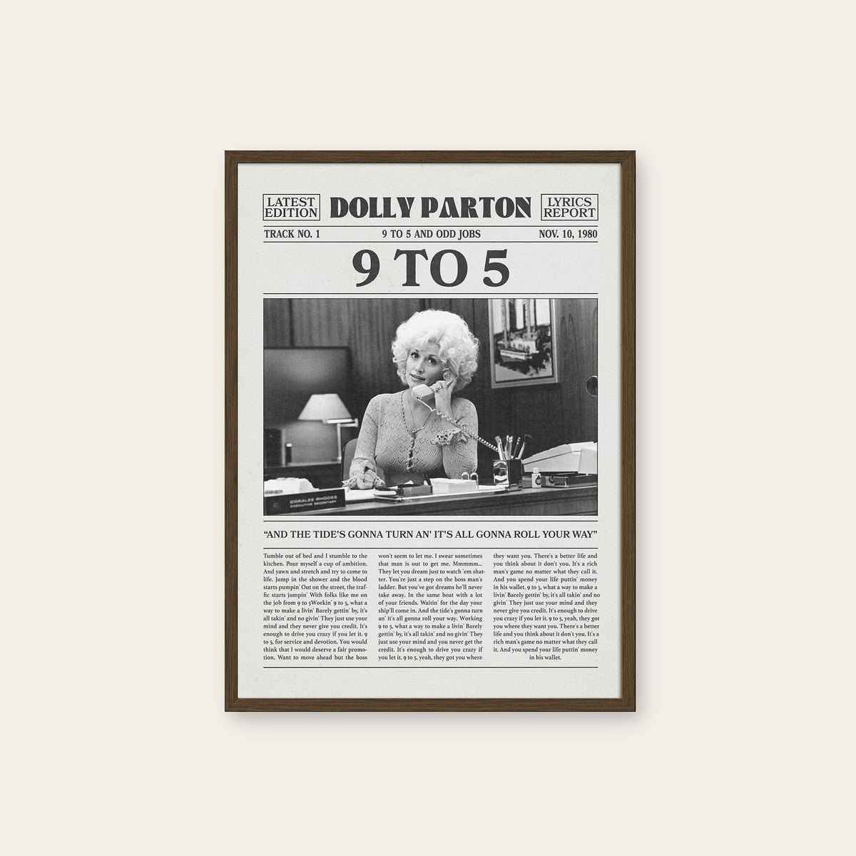 Dolly Parton 9 to 5 newspaper poster — dark wood frame