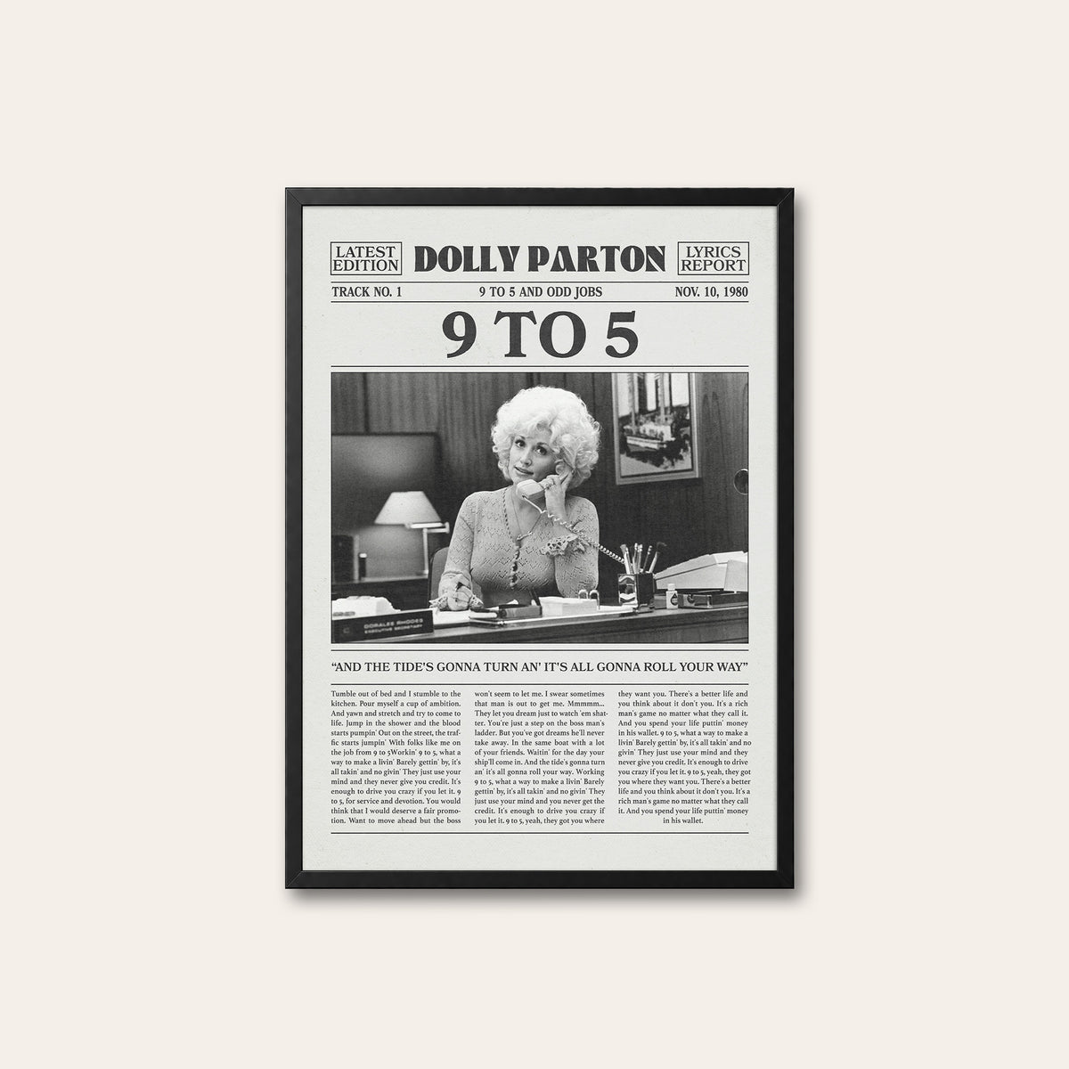 Dolly Parton 9 to 5 newspaper poster — black frame