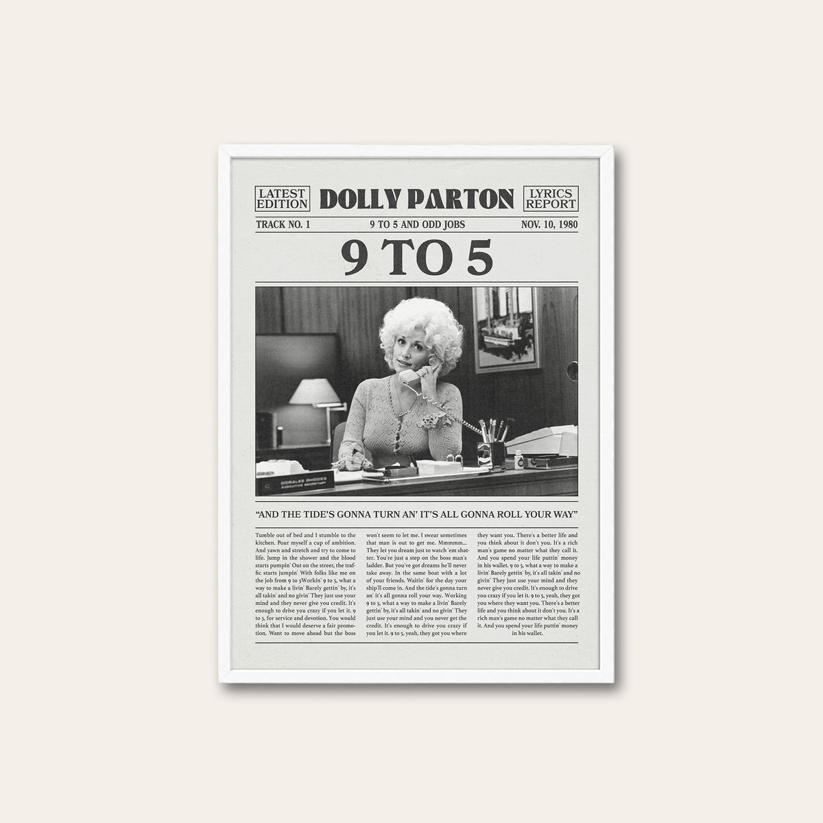 Dolly Parton 9 to 5 newspaper poster — white frame