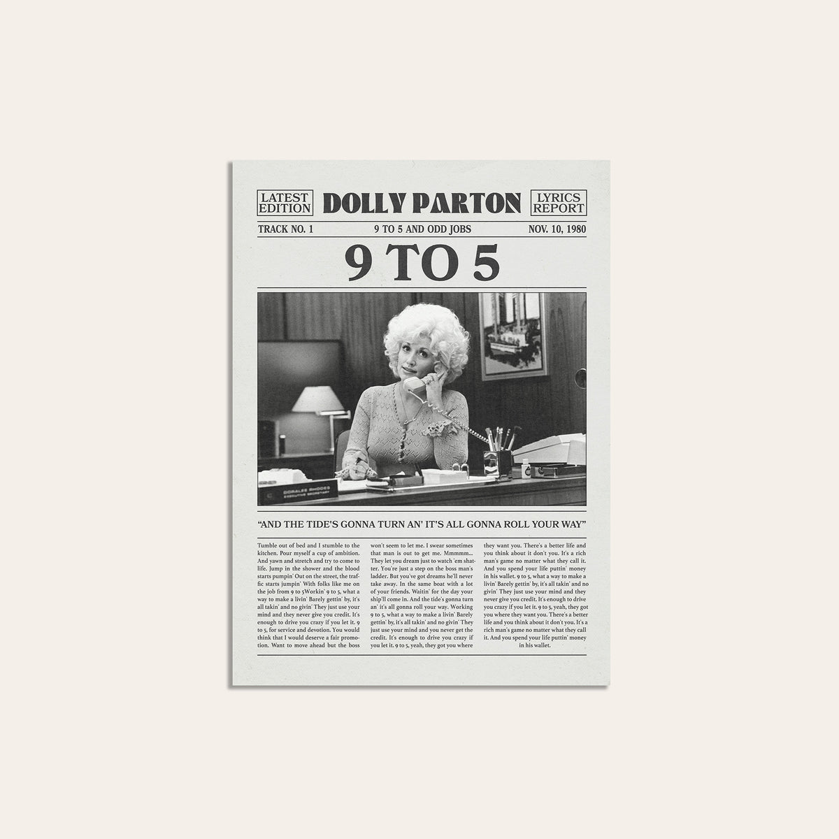 Dolly Parton 9 to 5 newspaper poster — unframed print