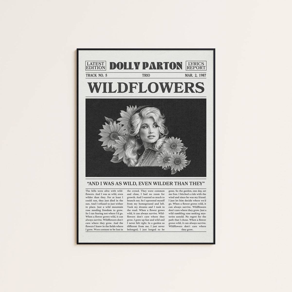 Dolly Parton Wildflowers newspaper poster — black frame display