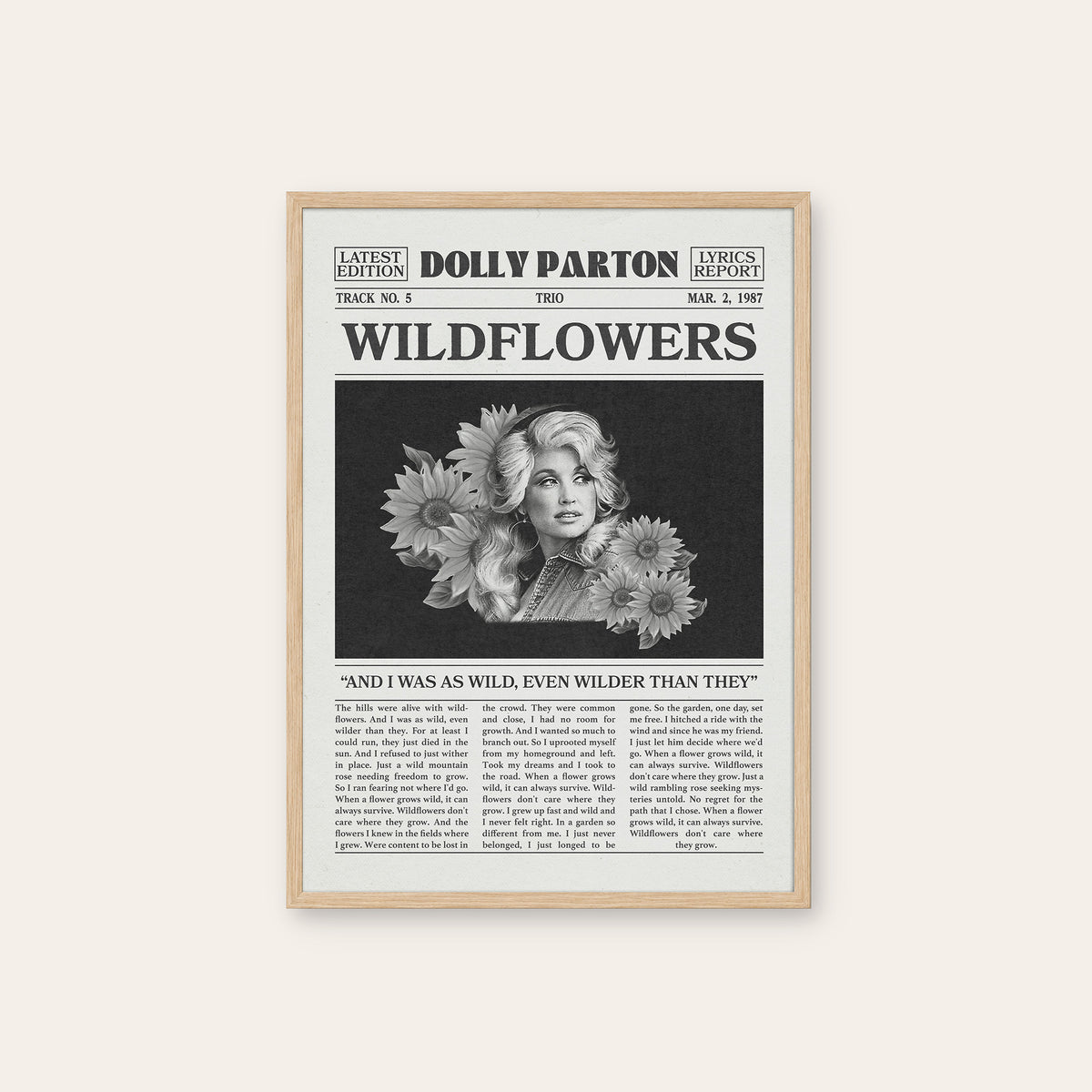 Dolly Parton Wildflowers newspaper poster — natural wood frame