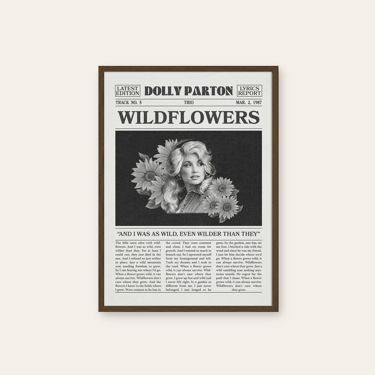 Dolly Parton Wildflowers newspaper poster — dark wood frame