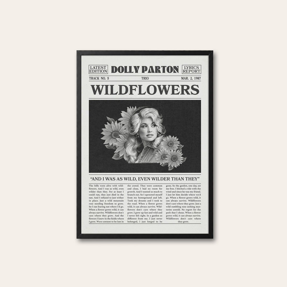 Dolly Parton Wildflowers newspaper poster — black frame