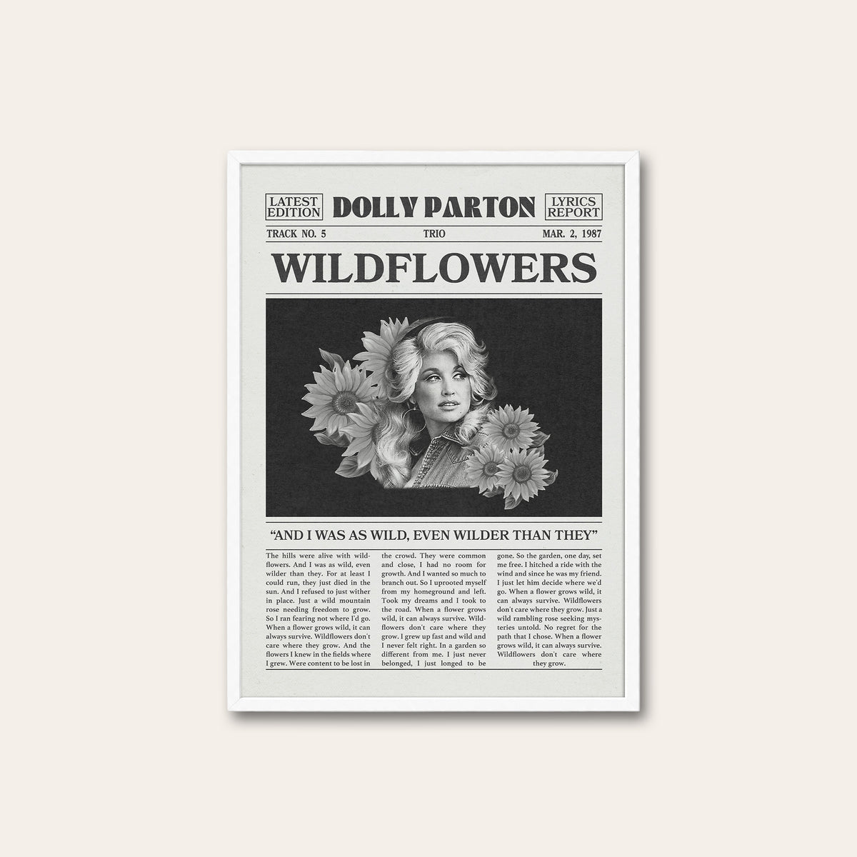 Dolly Parton Wildflowers newspaper poster — white frame