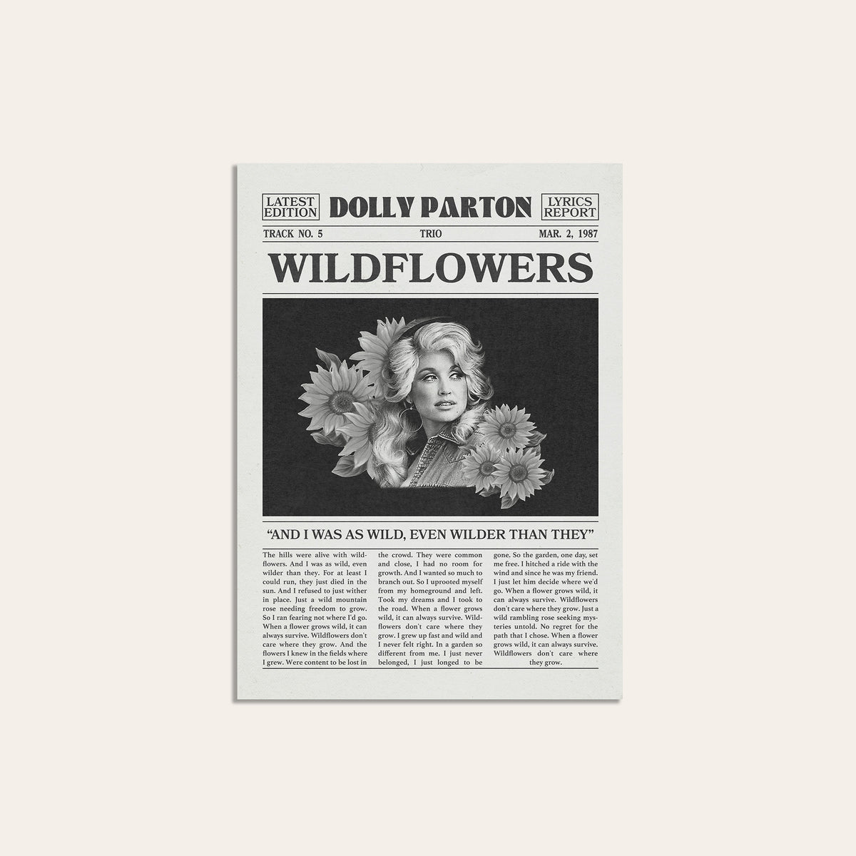 Dolly Parton Wildflowers newspaper poster — unframed print