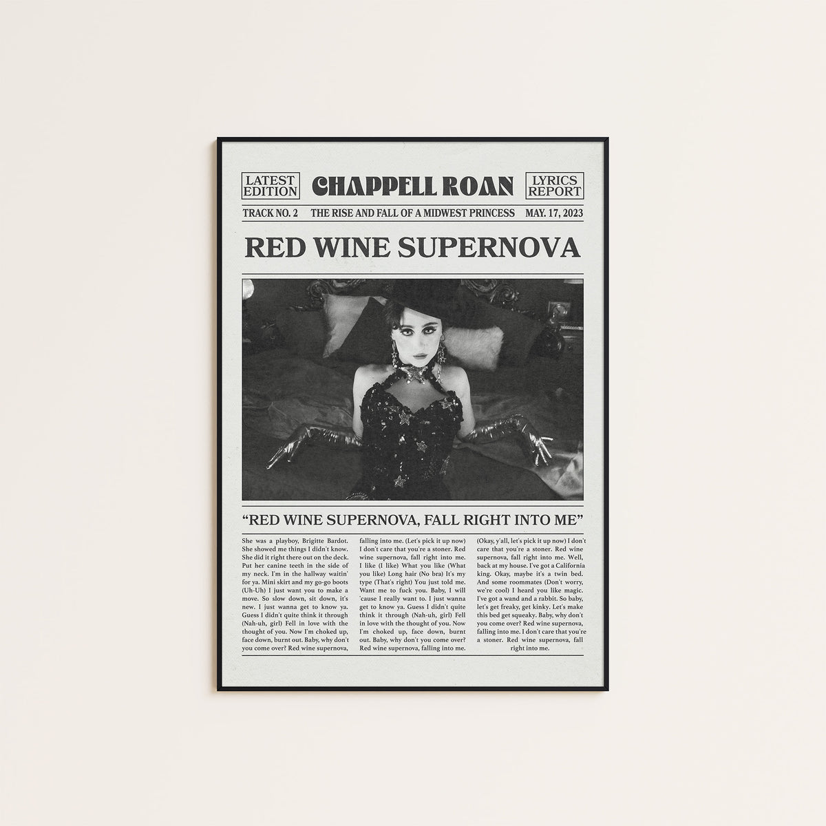 Chappell Roan Red Wine Supernova newspaper poster — black frame display